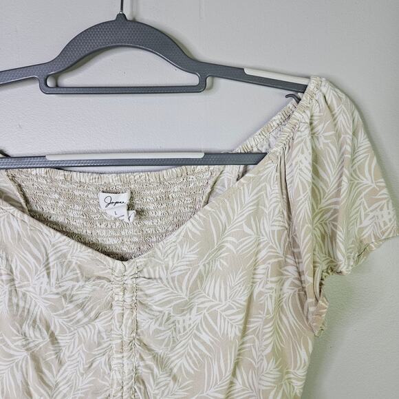 Japna Beige Tropical Crop Top Short Sleeve Blouse Size Large Beachy Coastal - Picture 6 of 9